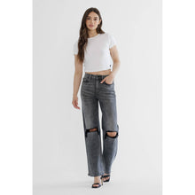 Load image into Gallery viewer, SUPER HIGH WIDE LEG WITH DISTRESSED KNEE: OIL / 29